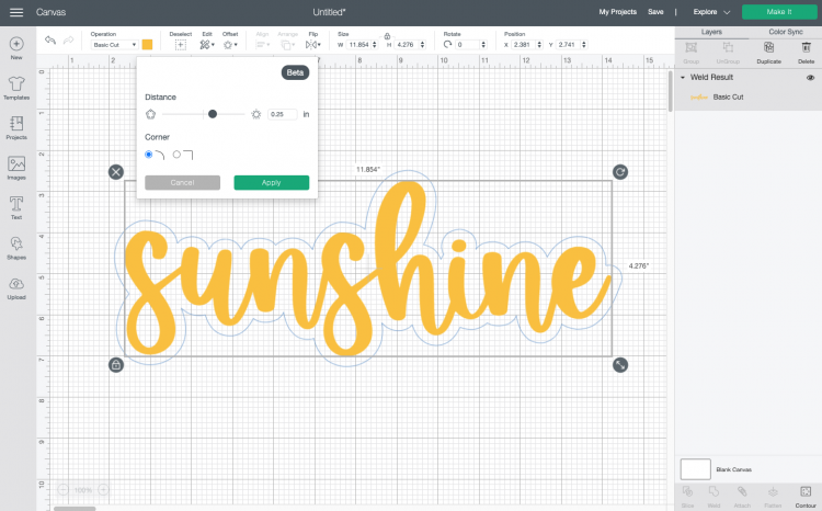 Cricut Design Space: Showing offset around the word "sunshine"