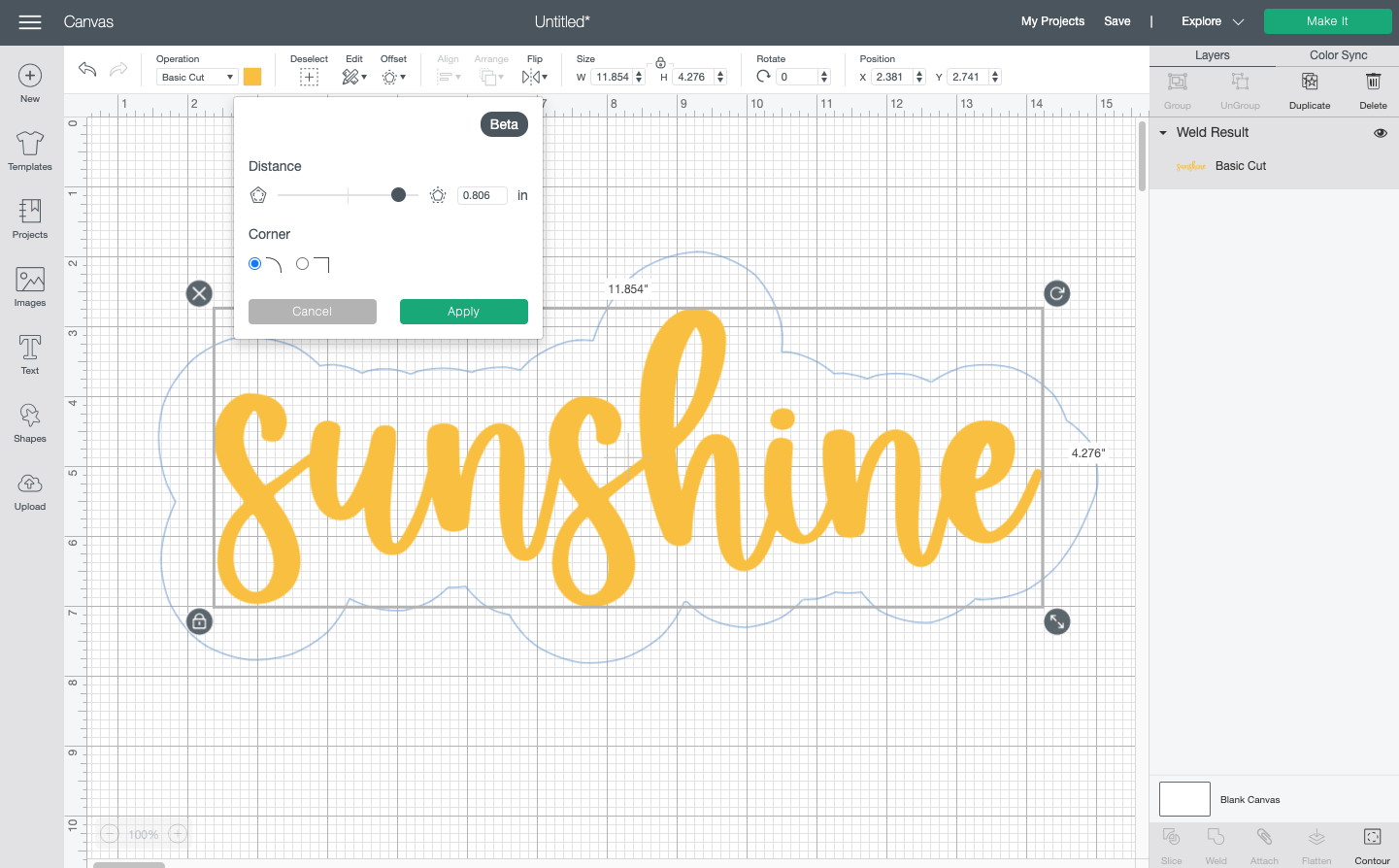 Cricut Design Space: Sunshine with a large offset around it.