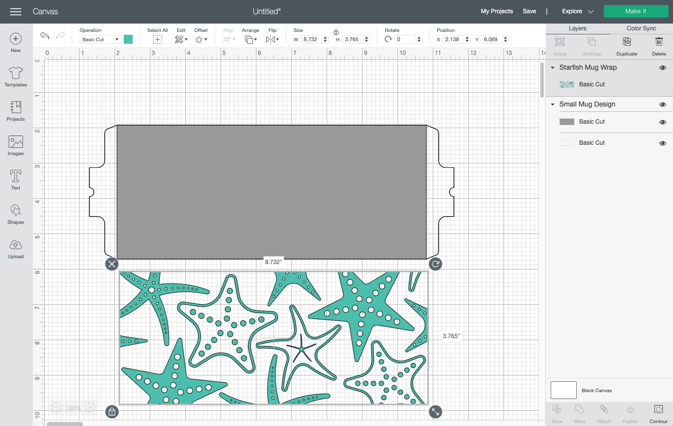 Cricut Design Space: Uploaded starfish file on Canvas with template