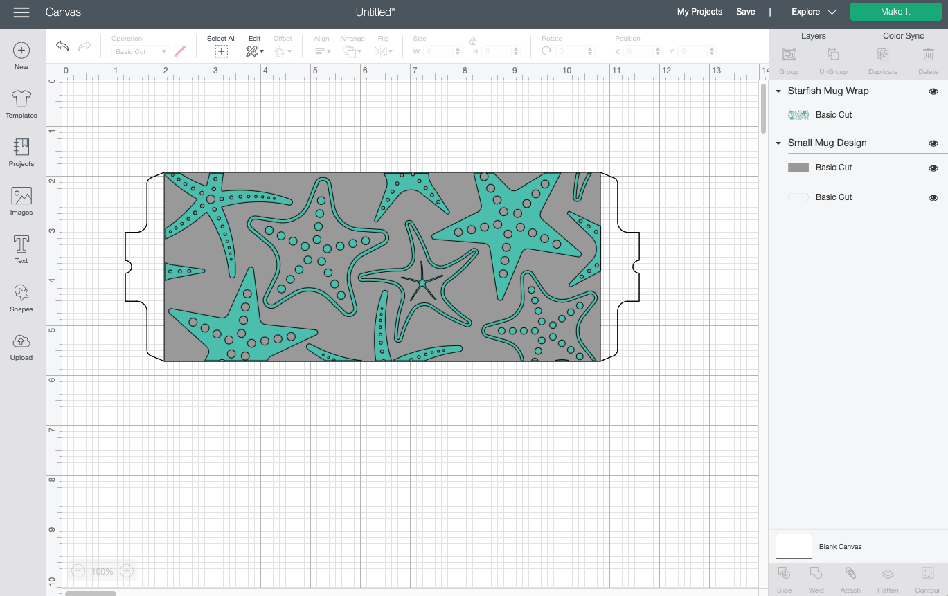 Cricut Design Space: Starfish design overlaid on template