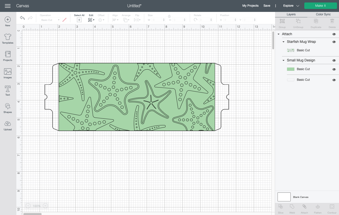 Cricut Design Space: Attached layers all green, showing cutouts