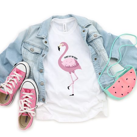 Pink flamingo on a child's t-shirt that says Cutest of the Flock