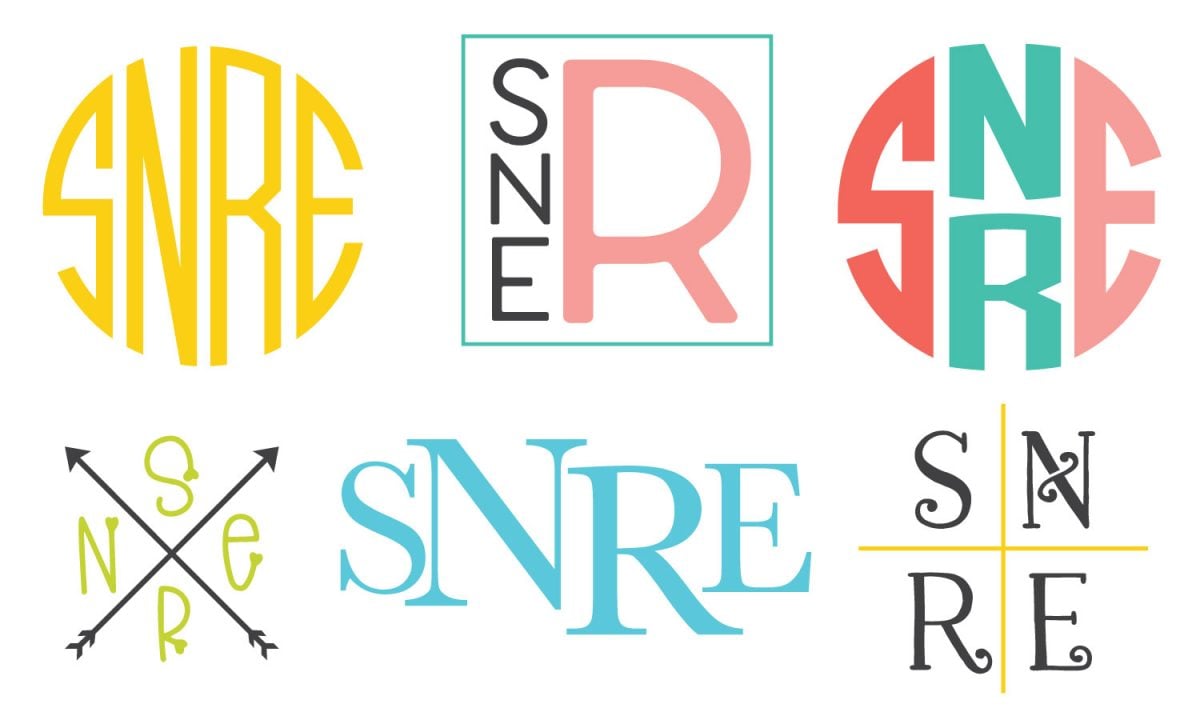 Six styles of four-letter monogram "SNRE"s