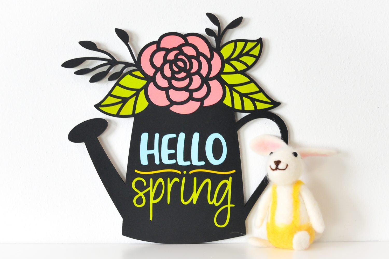 Hello Spring Sign staged with bunny