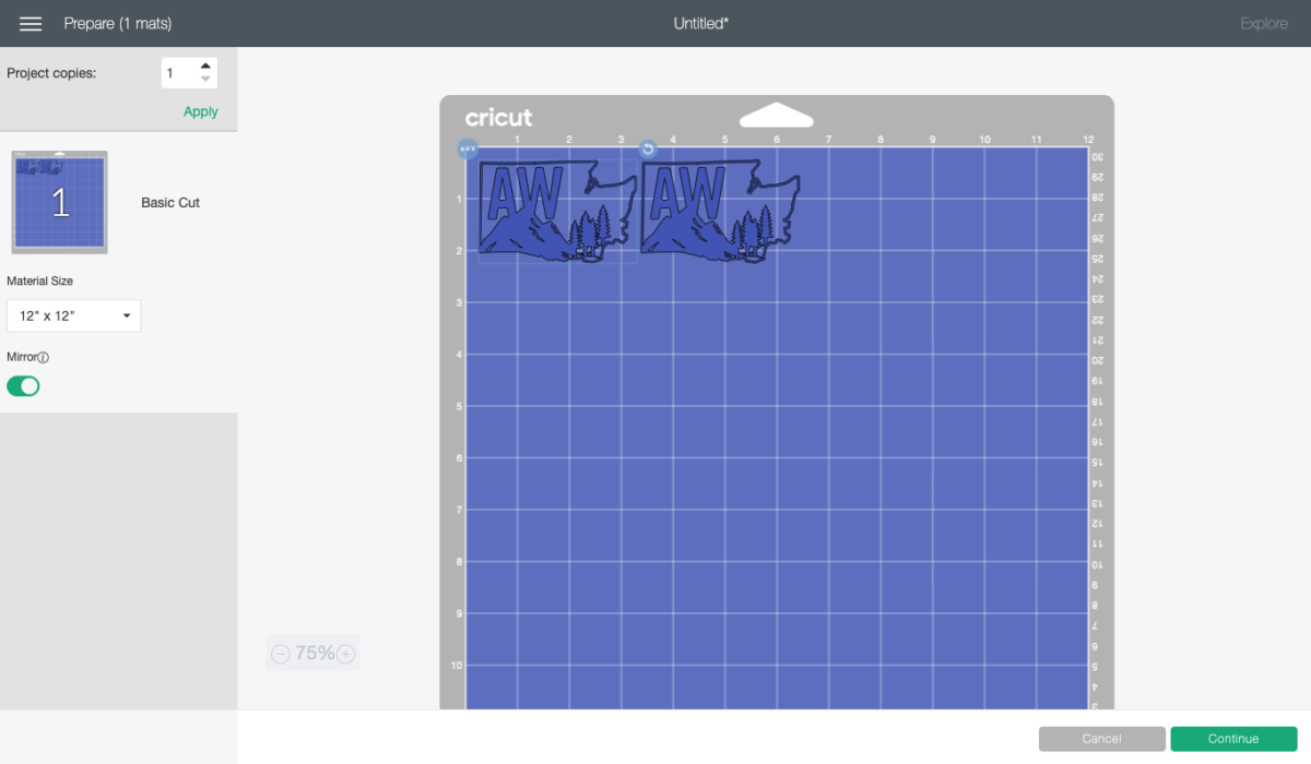 Cricut Design Space: Washington State image reversed on mat in prepare screen