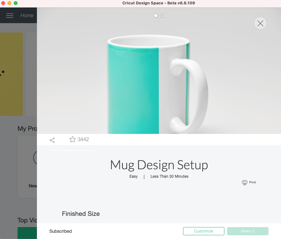 Screenshot in Design Space for mug design setup