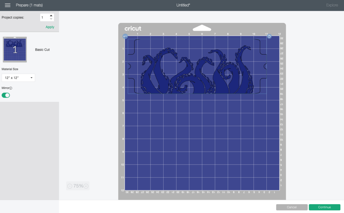 Cricut Design Space: Octpus mug wrap image on mat in Prepare Screen