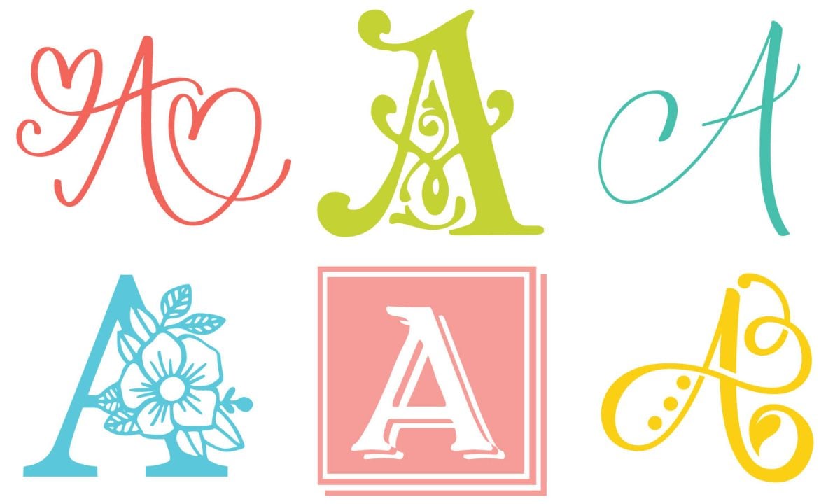 Six styles of single-letter monogram "A"s