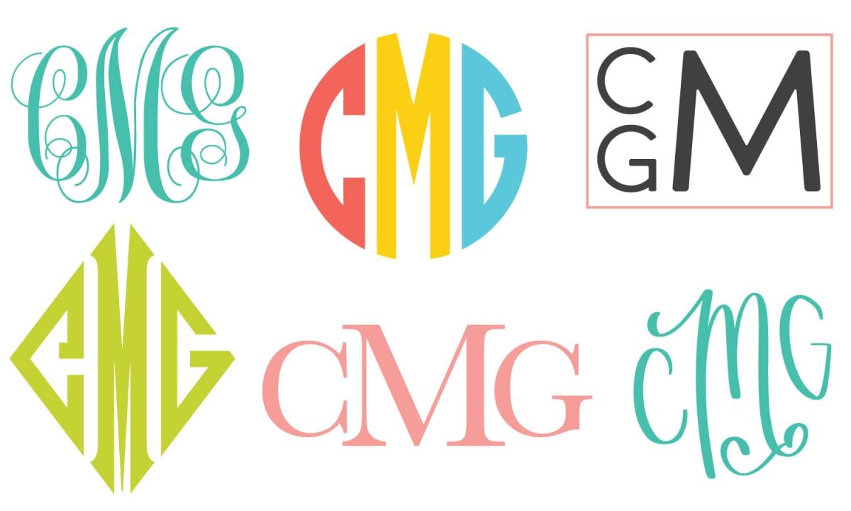 Six styles of three-letter monogram "CMG"s