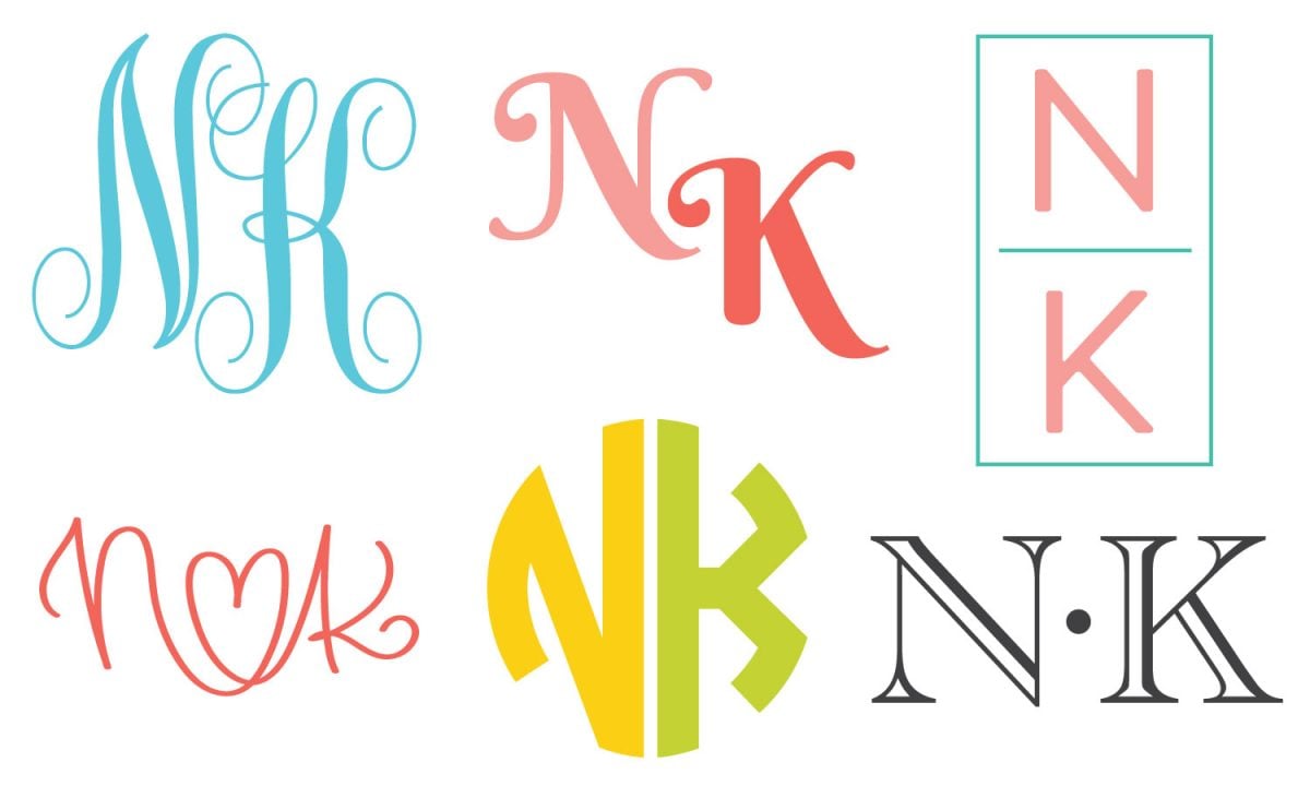 Six styles of two-letter monogram "NK"s