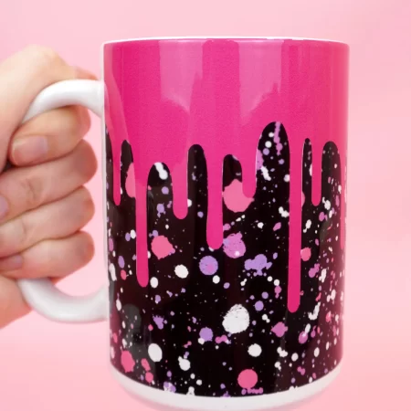 Pink mug with Drippy Mug infusible ink design