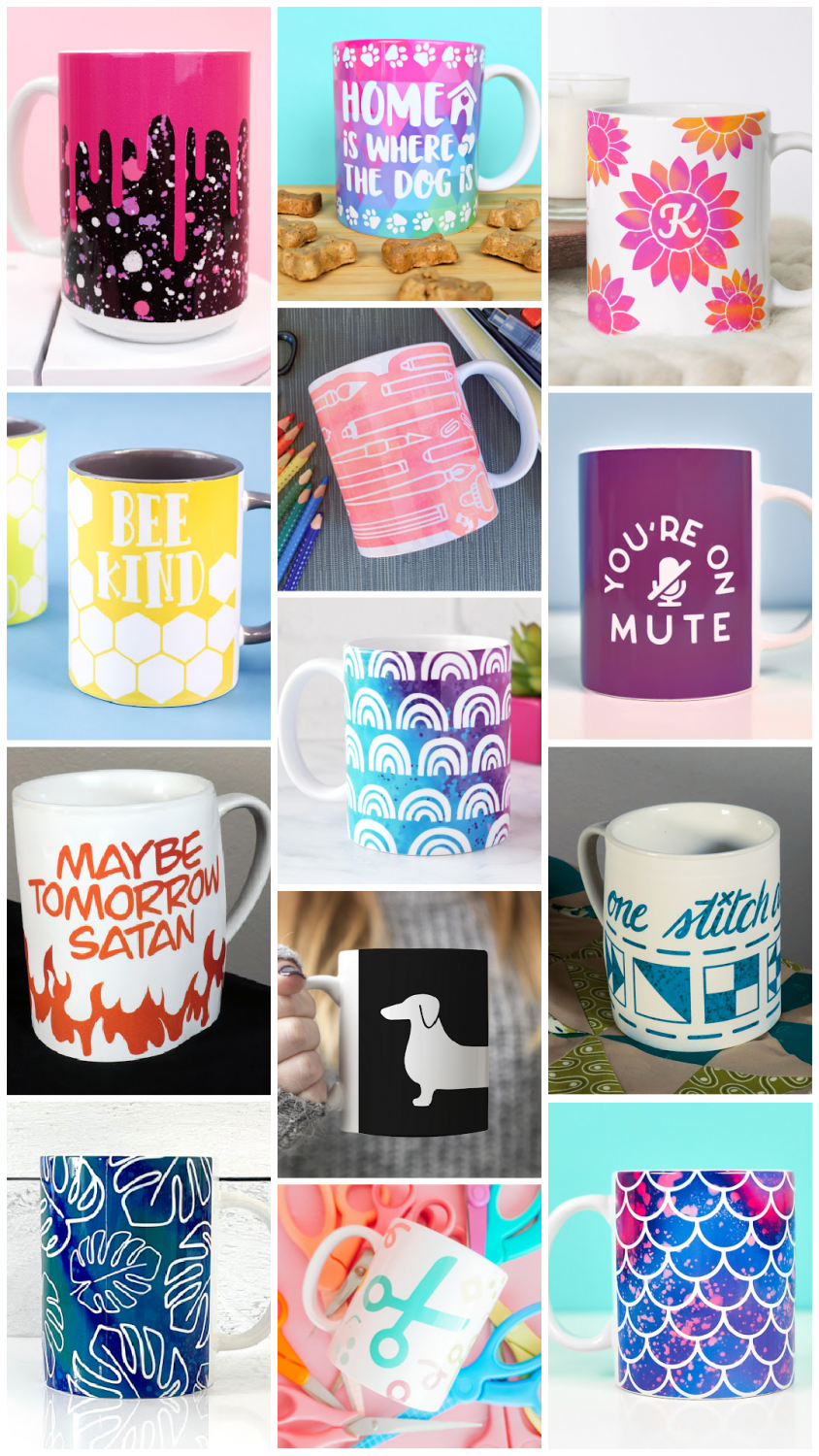 Collage of 13 mug wrap designs