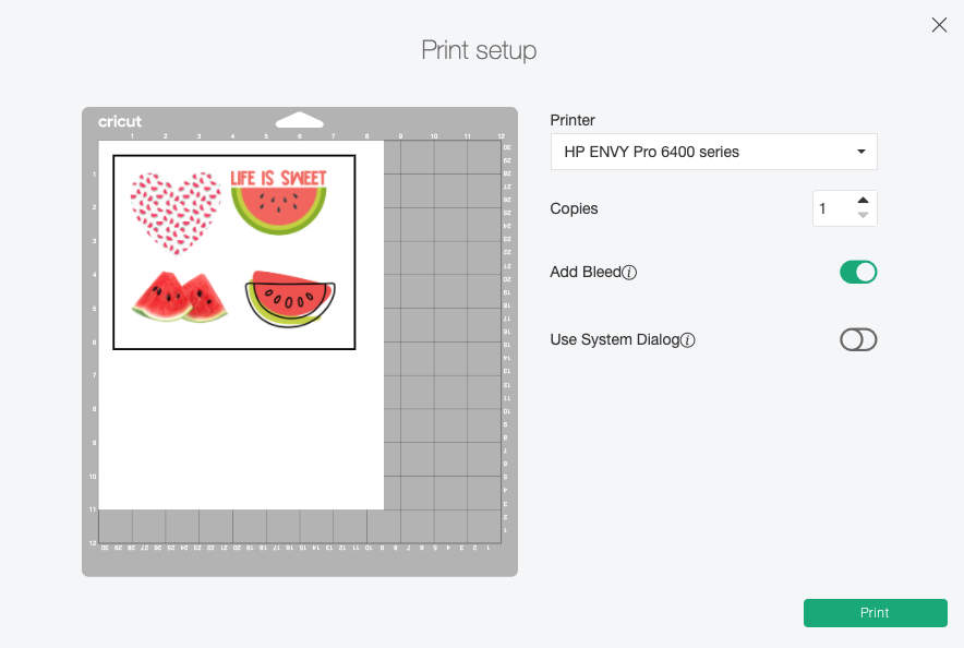 Cricut Design Space: Print Set Up Menu