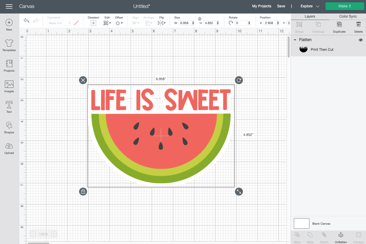 Cricut Design Space: Flatten layers to create a sticker.