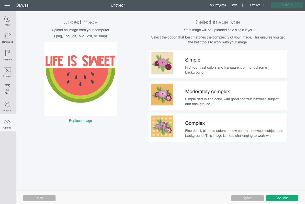 Cricut Design Space: Uploading JPG Screen