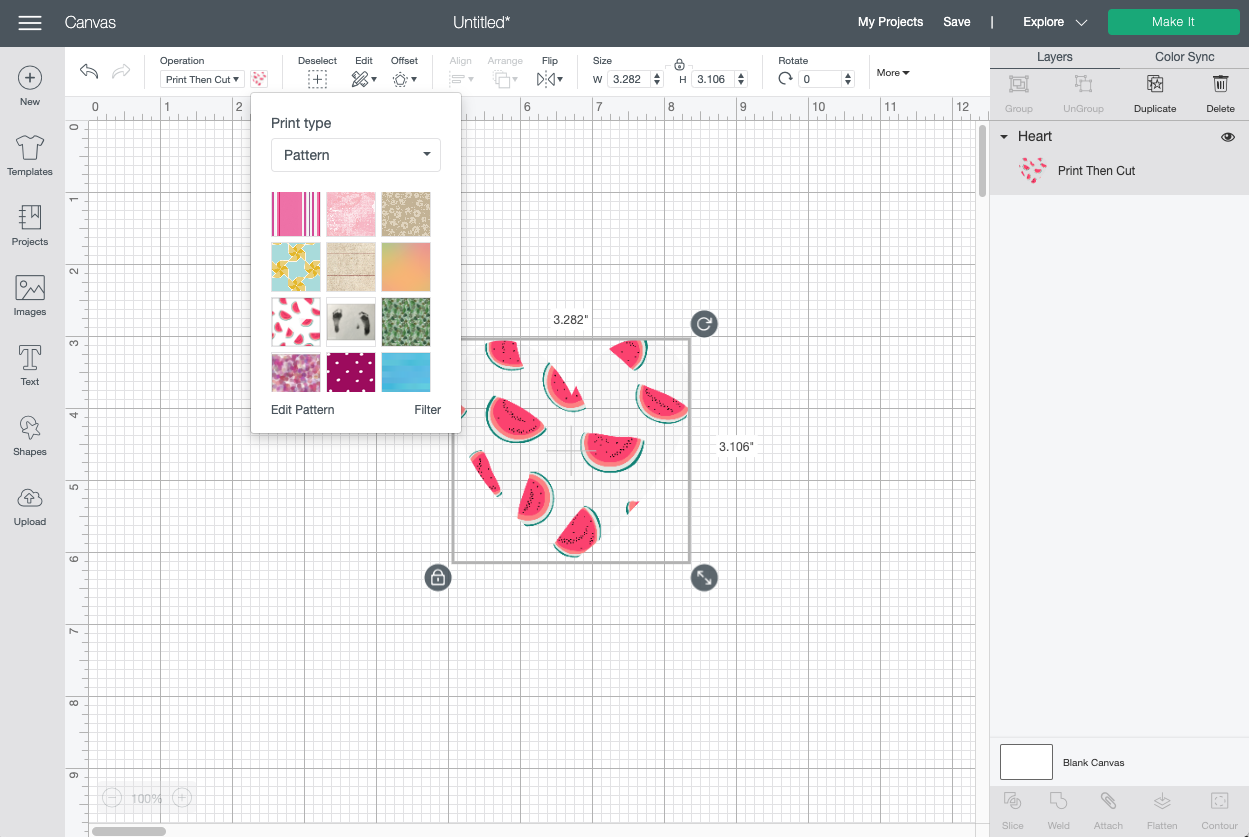 Cricut Design Space: Apply watermelon pattern to heart