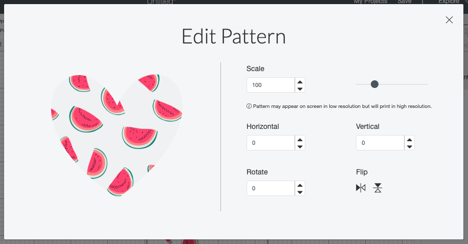 Cricut Design Space: Edit pattern screen