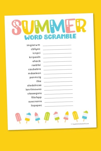 Summer word scramble on yellow background