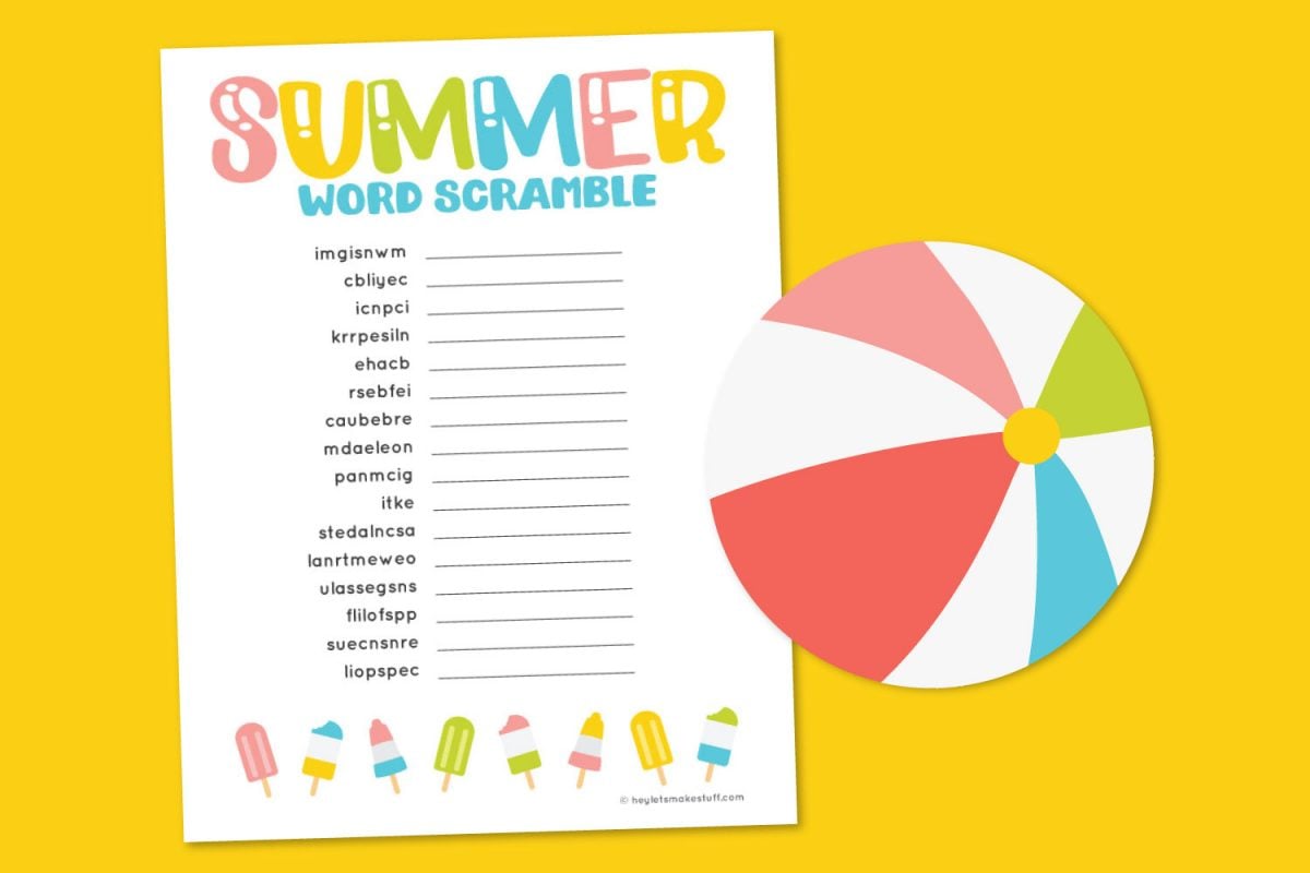 Summer word scramble on yellow background with beach ball