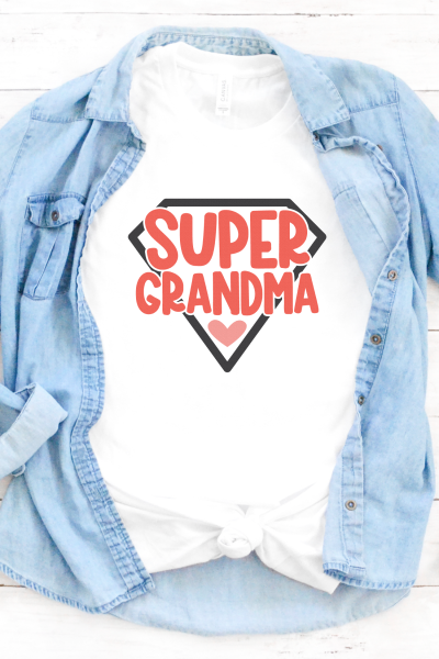 Super grandma SVG on white shirt with chambray button down