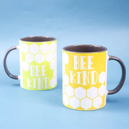 Two mugs with a Bee Kind" sublimation mug design