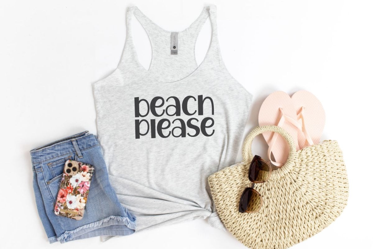Gray tank top with "beach please" written in summer font