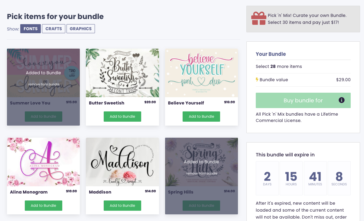 Screenshot of the Build Your Own Bundle page on Creative Fabrica