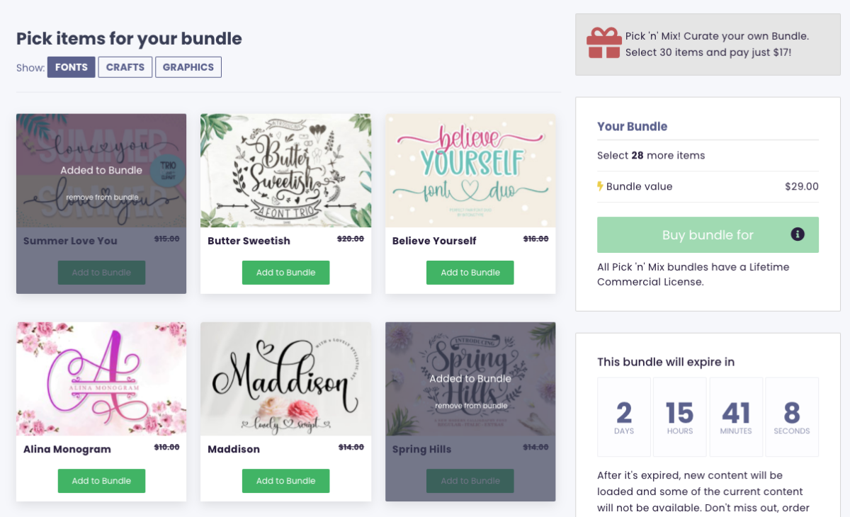 Screenshot of the Build Your Own Bundle page on Creative Fabrica