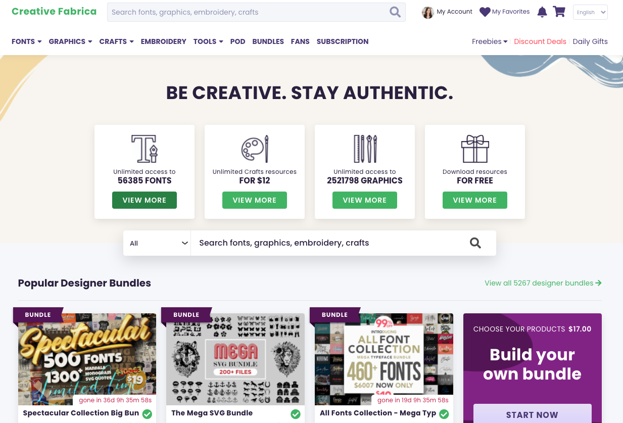 Screenshot of Creative Fabrica homepage