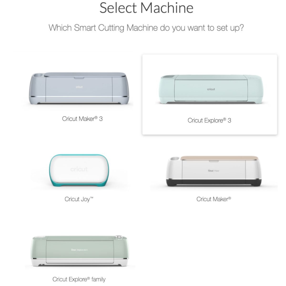 Screenshot showing Select Machine with Cricut Explore 3 