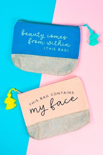 Finished makeup bags ("beauty comes from within (this bag)" and "this bag contains my face" on a pink and blue background.