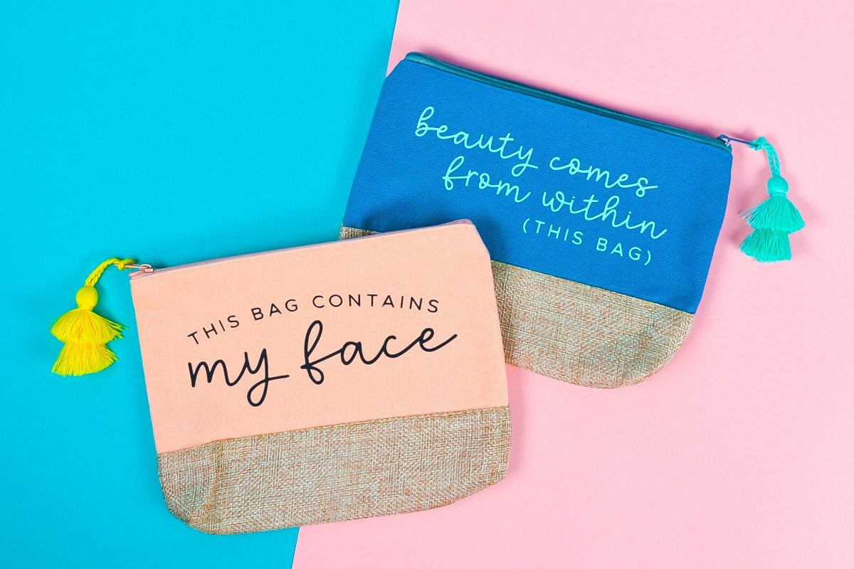 Finished makeup bags ("beauty comes from within (this bag)" and "this bag contains my face" on a pink and blue background.