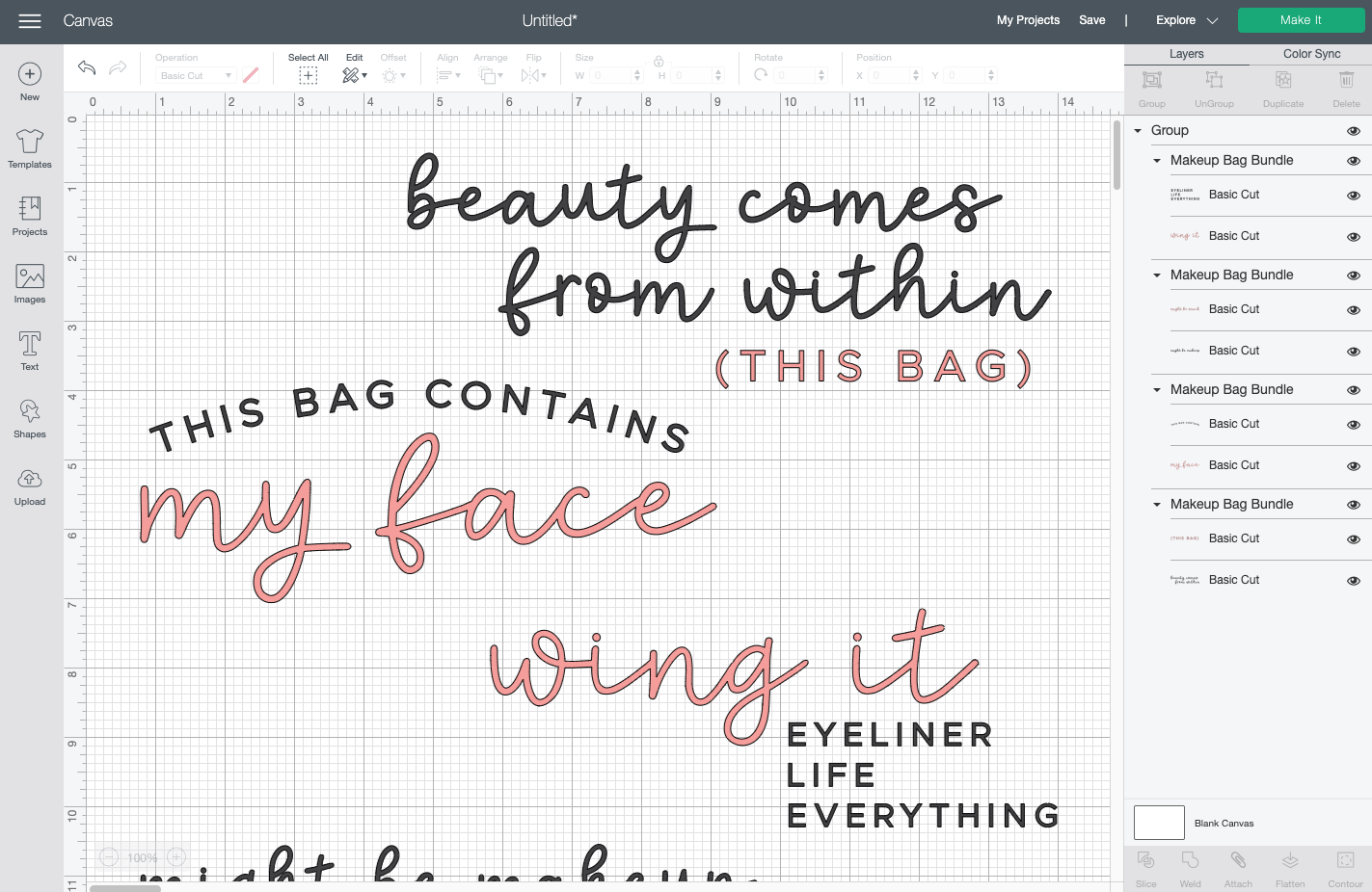 Cricut Design Space: four makeup bag SVGs uploaded to Canvas