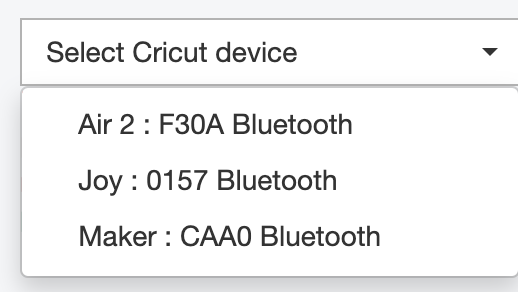 Screenshot of Cricut device dropdown