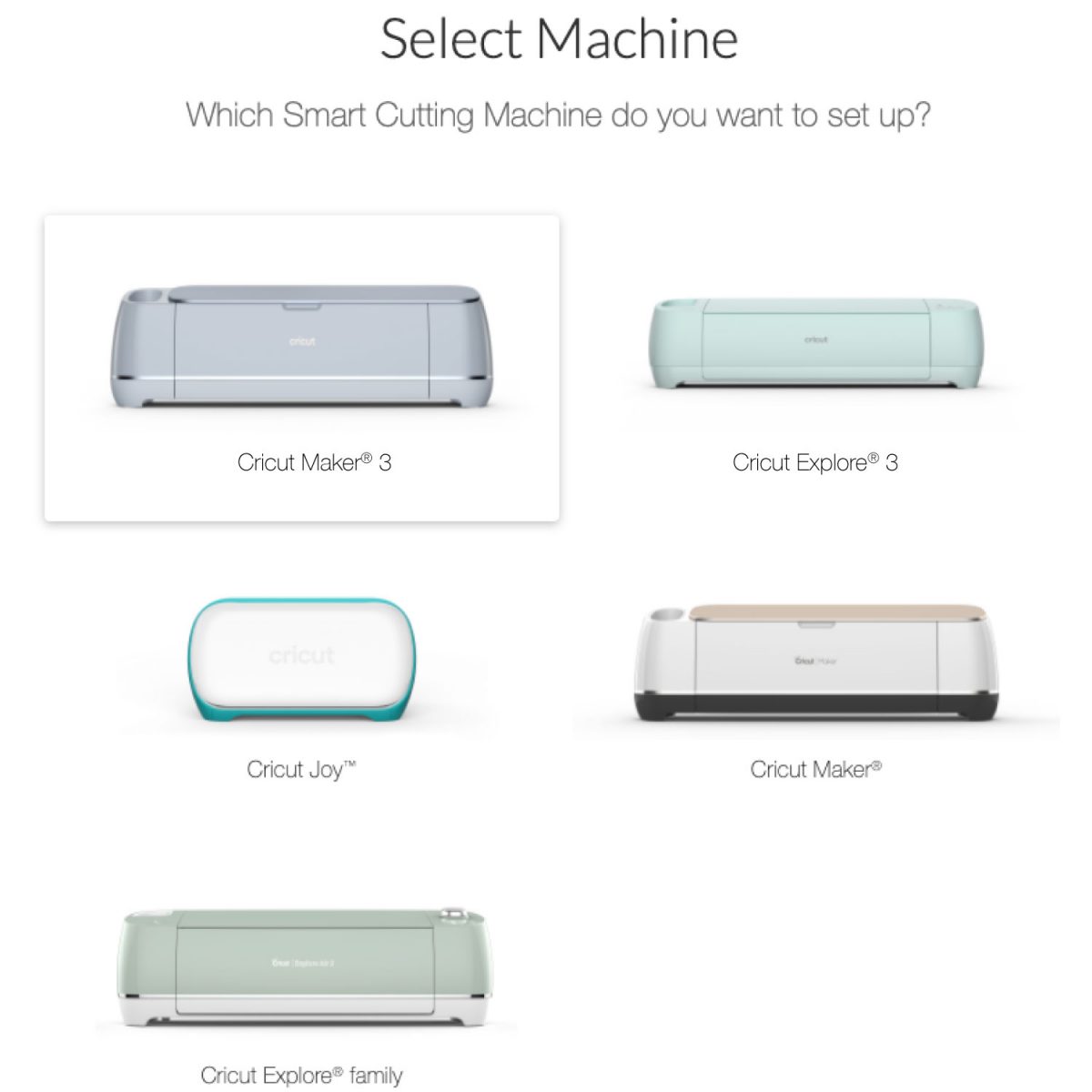 Screenshot of Cricut Design Space showing new machine setup screen