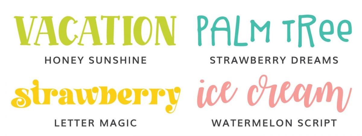 Font Examples: Honey Sunshine, Strawberry Dreams, Letter Magic, Watermelon Script