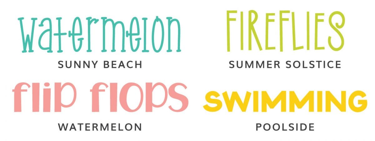 Font Examples: Sunny Beach, Summer Solstice, Watermelon, Poolside