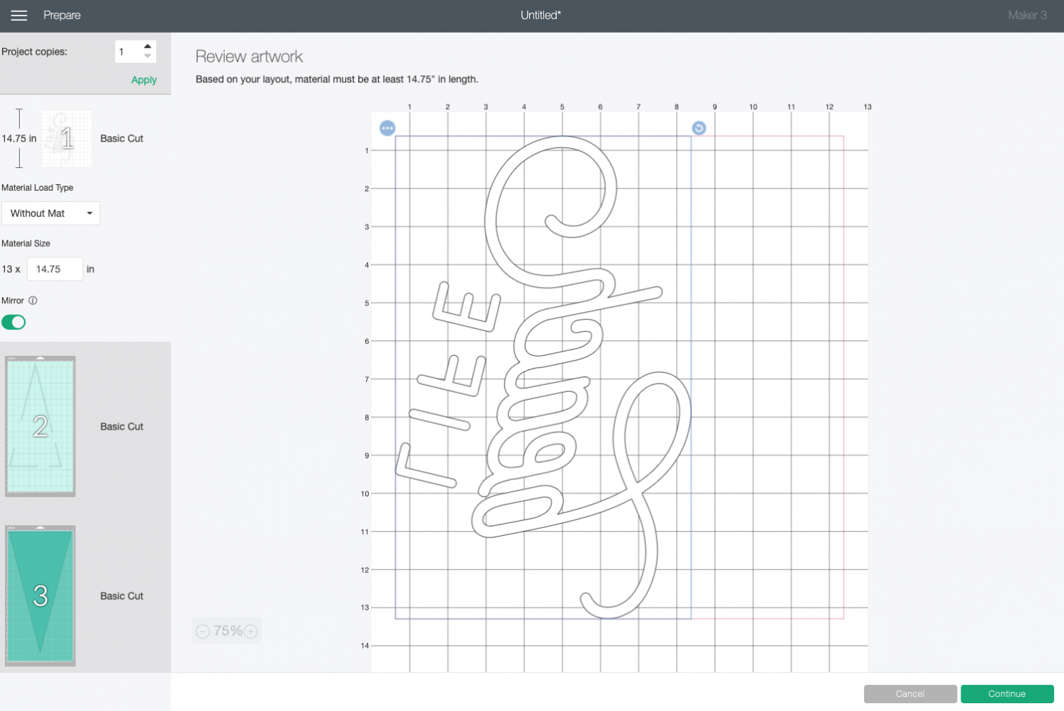 Cricut Design Space: Pennant pieces laid out on different mats/materials in Prepare Screen