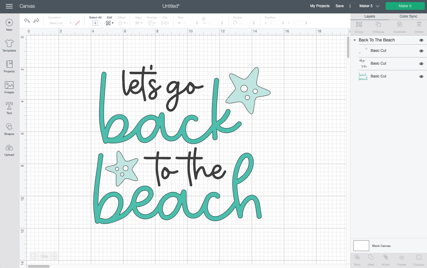 Cricut Design Space: Let's Go Back to the Beach file on the Canvas