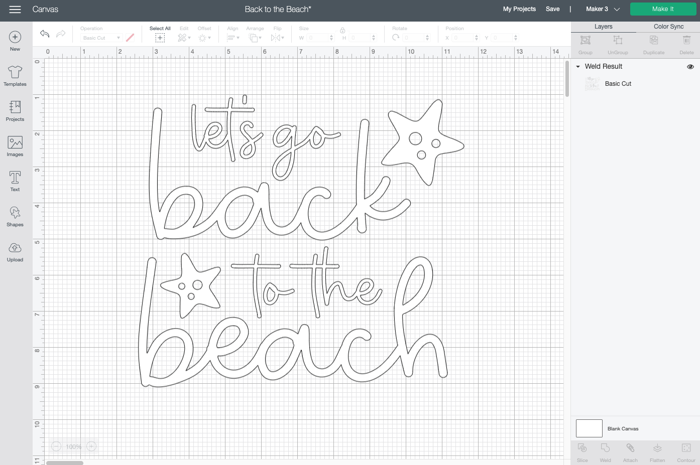 Cricut Design Space: Beach decal resized, colored white, and welded