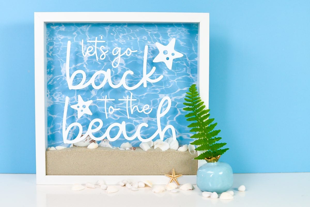 Finished shadow box with "Back to the Beach" decal, sand, shells, and staged with a plant
