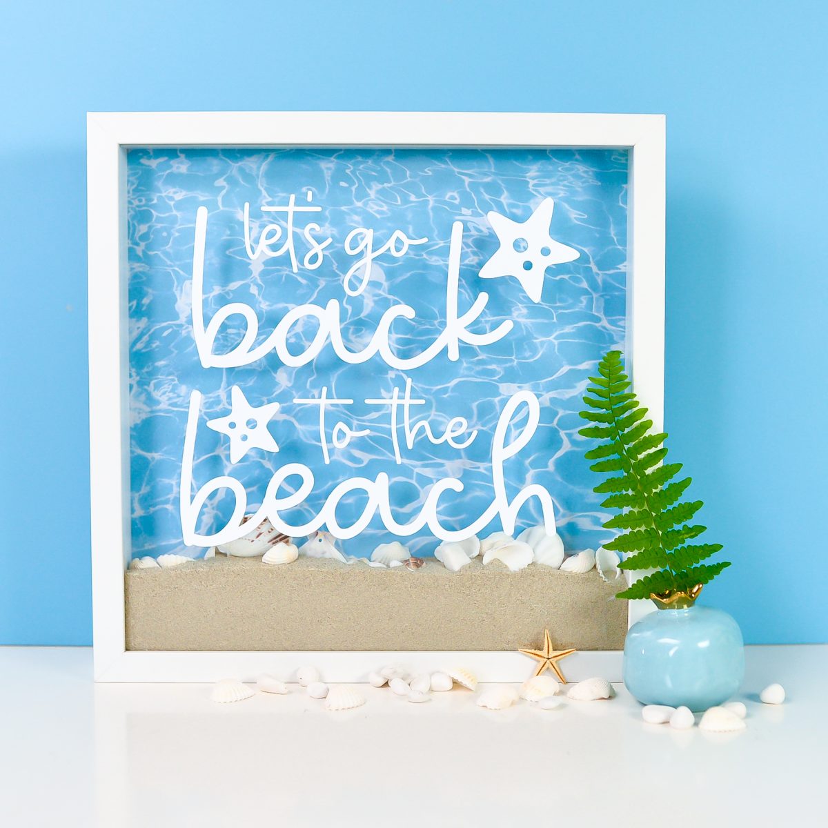 Finished shadow box with "Back to the Beach" decal, sand, shells, and staged with a plant