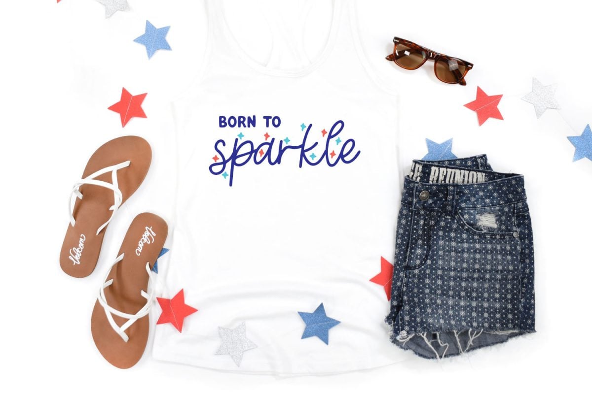 Born to Sparkle on white t-shirt with 4th of July decor