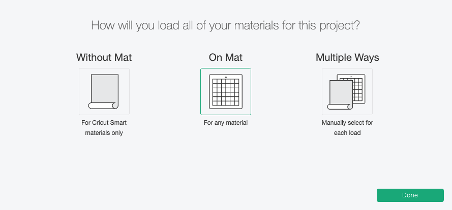 Cricut Design Space: Mat Selection screen