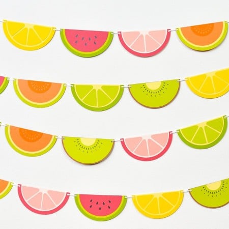 Finished fruit slice banner hanging on a white wall.