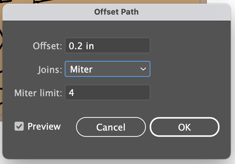Illustrator: Offset Path window showing options.