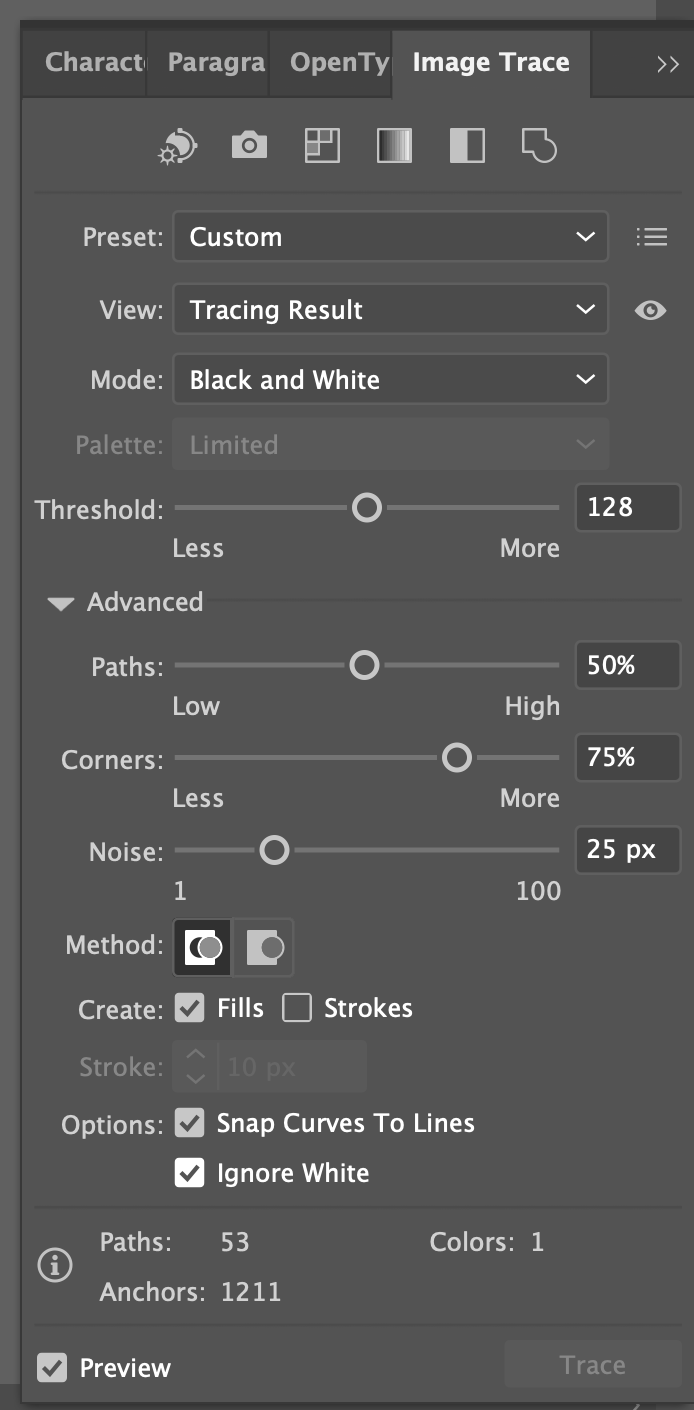 Illustrator: Image Trace panel with "Ignore White" selected