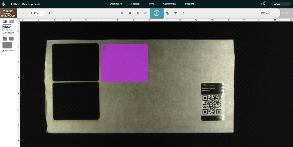 Glowforge: app showing uploaded keychain.