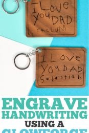 Preserve your child's sweet handwriting in wood or metal! Learn how to digitize and engrave a child's handwriting using a Glowforge to make keychains, plaques, jewelry and more!