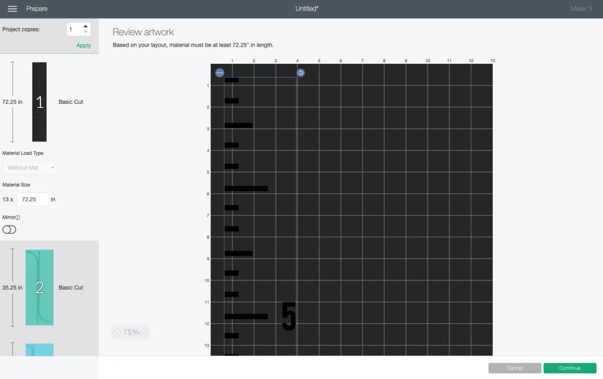 Cricut Design Space: Prepare screen with black mat showing ruler project